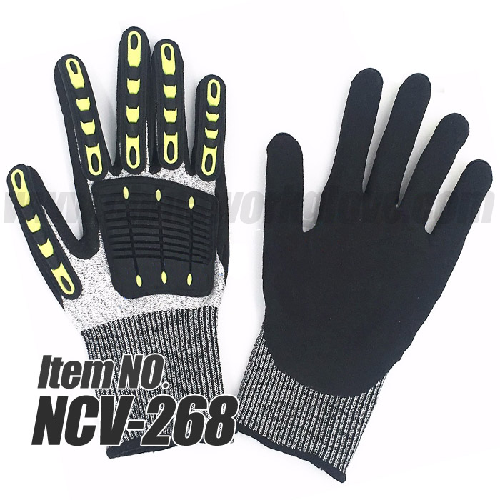 HPPE Lined Nitrile Palm Coated Anti-Vibration/Impact Mechanic Cheap Work Gloves/ Nitrile coated anti-Vibration/Impact mechanic safety gloves/high quality anti cut level 5 heavy duty nitrile sandy coated TPR vibration resistant / anti impact glove